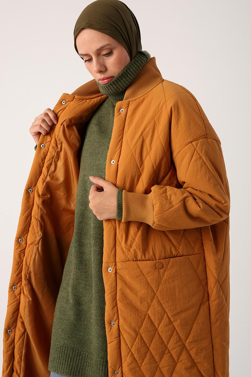Hardal-Oversize Ribanalı Baklava Desenli Kapitone Mont