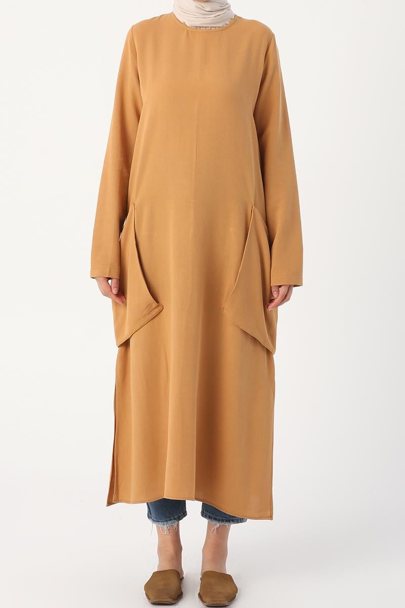 Hardal-Yanları Cepli Salaş Keten Tunik