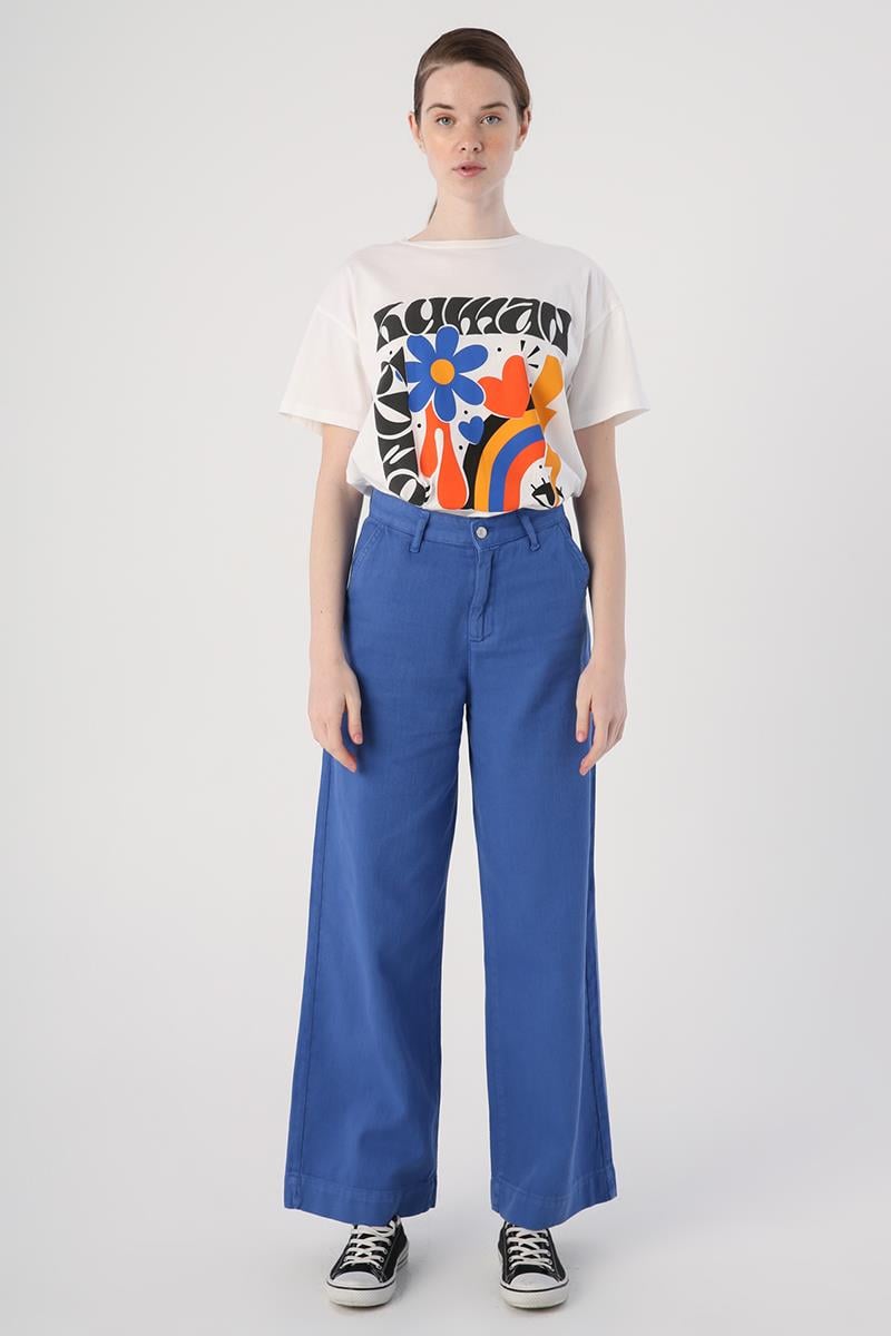 Indigo-100% Cotton Wide Leg Pocket Trousers