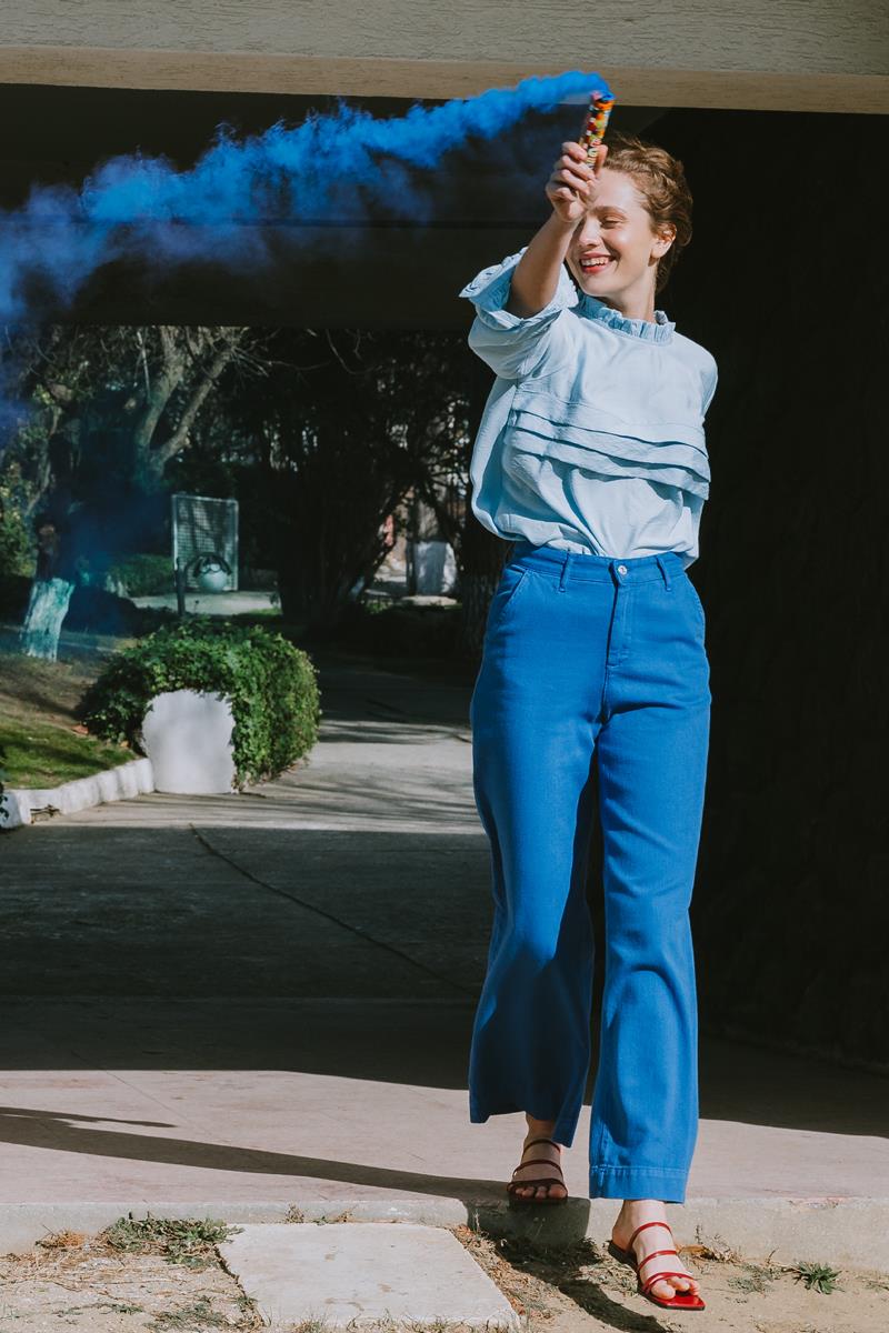 Indigo-100% Cotton Wide Leg Pocket Trousers