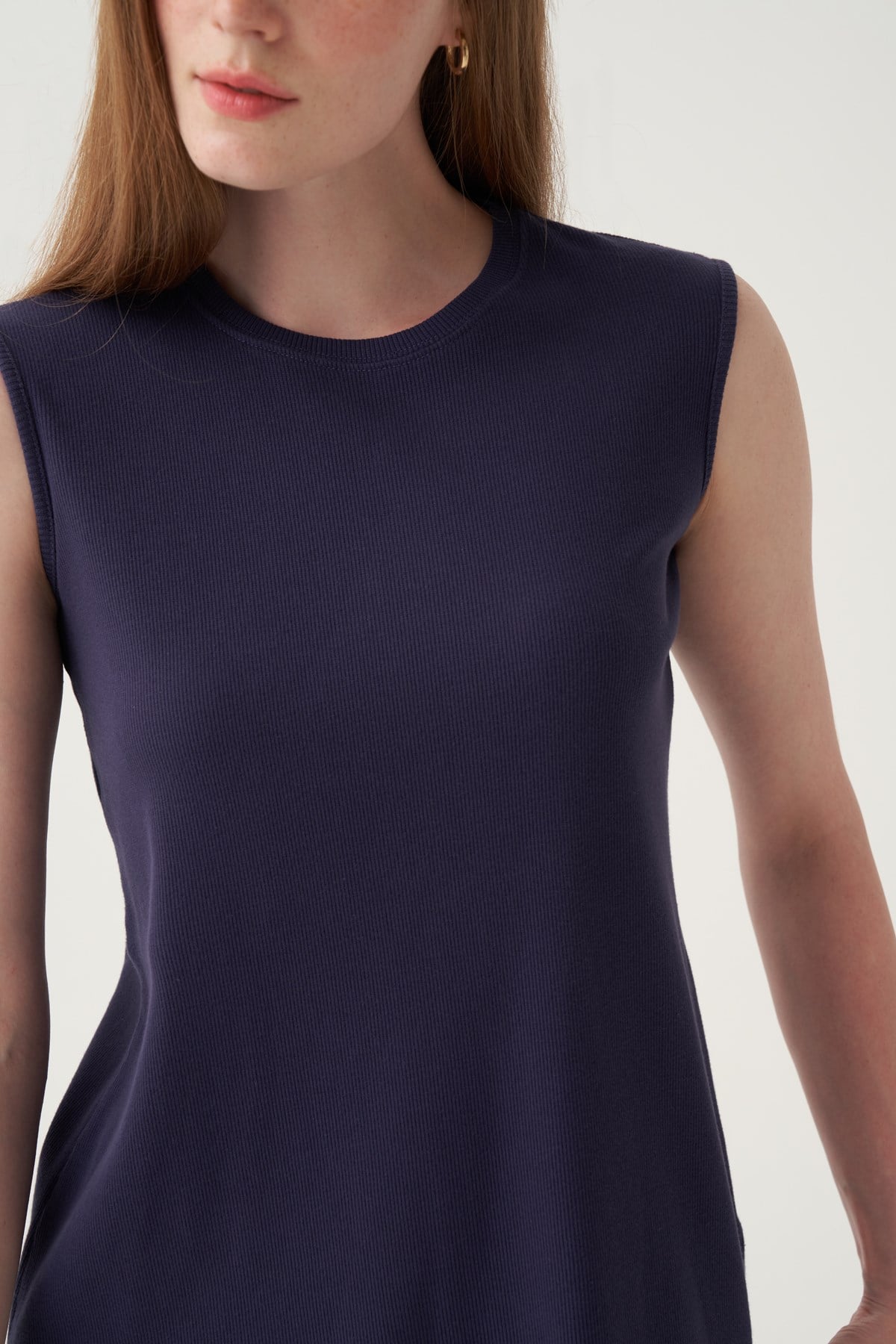 İndigo-Pamuklu Fitilli Kolsuz Likralı T-Shirt