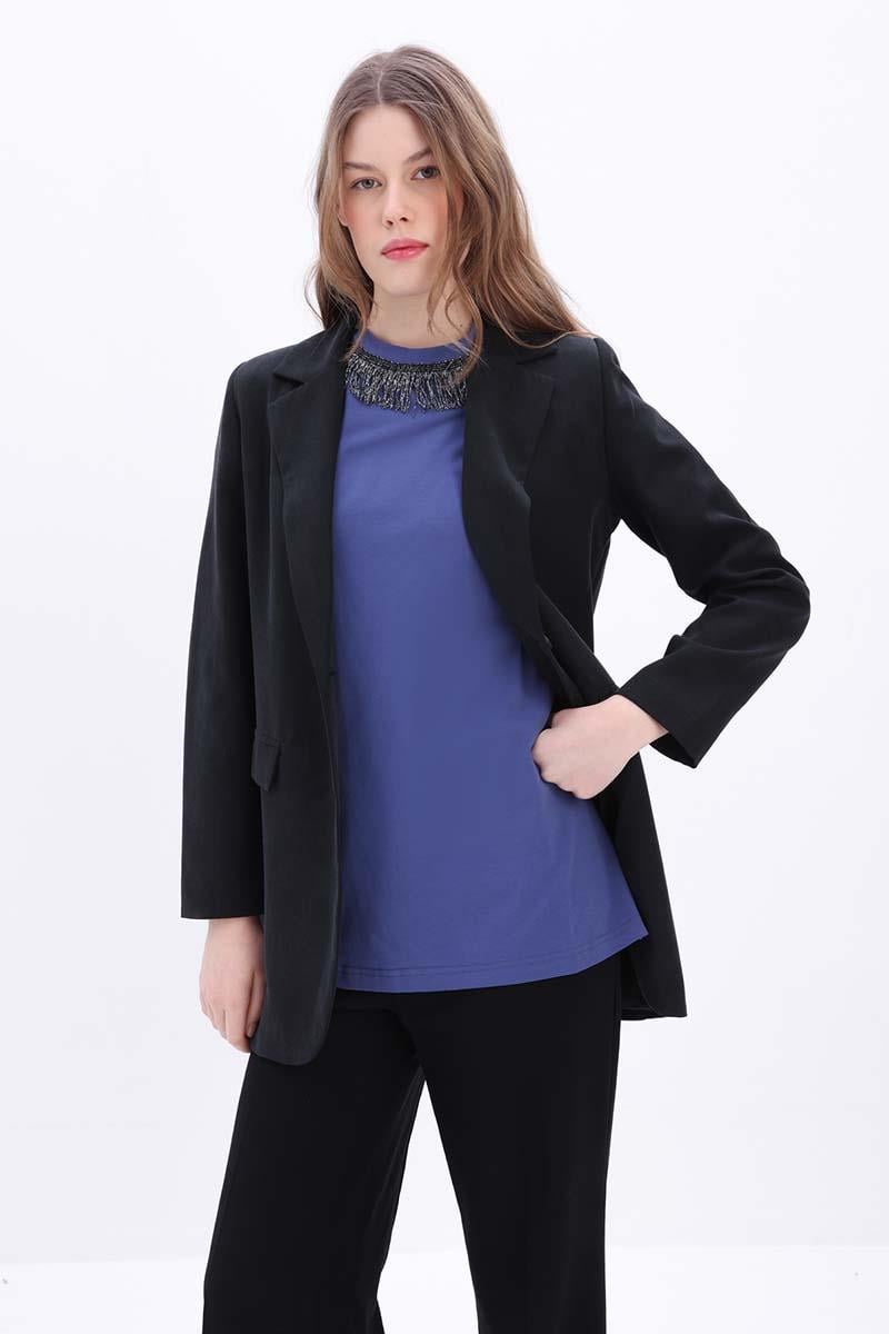 İndigo-Pamuklu Püskül Detaylı Kısa Kollu T-Shirt