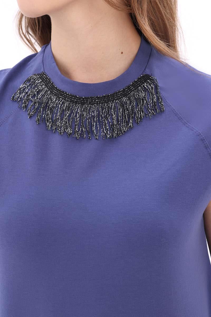 İndigo-Pamuklu Püskül Detaylı Kısa Kollu T-Shirt