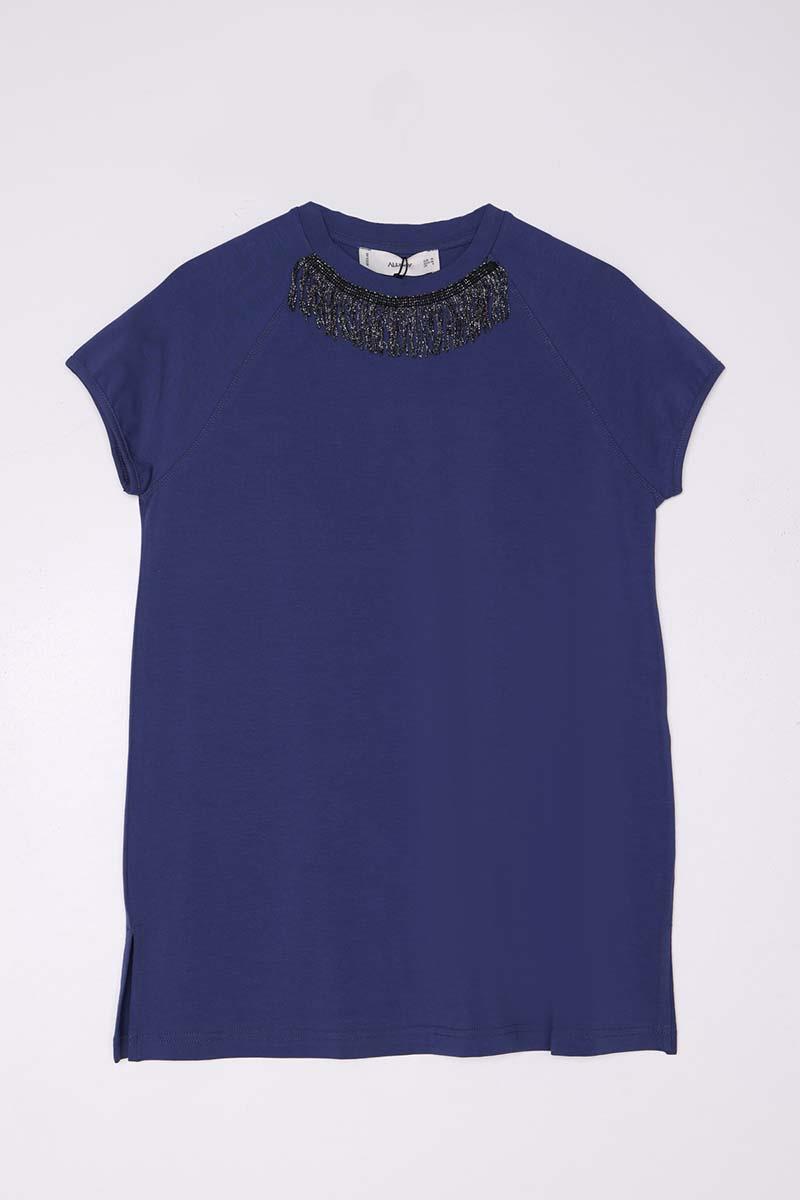 İndigo-Pamuklu Püskül Detaylı Kısa Kollu T-Shirt