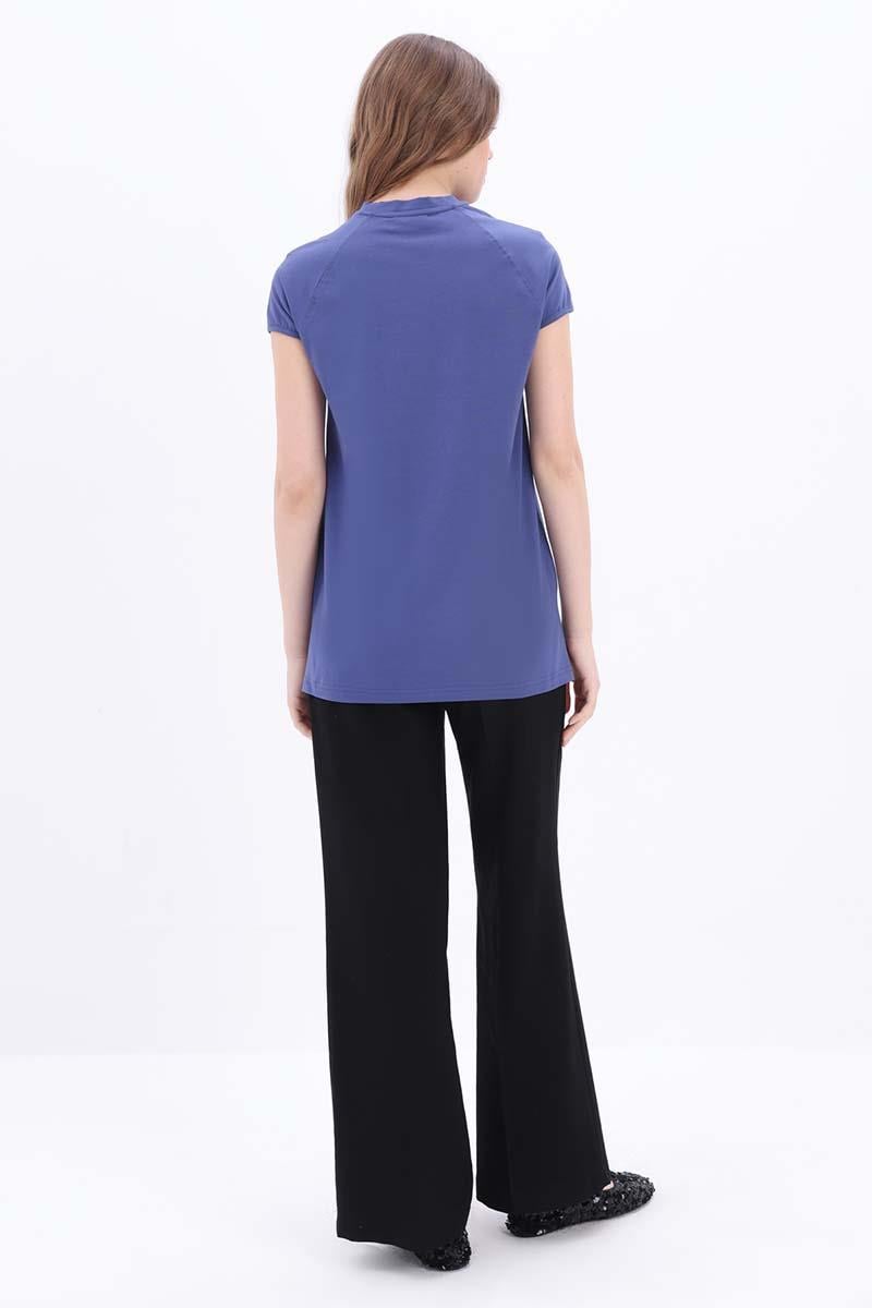 İndigo-Pamuklu Püskül Detaylı Kısa Kollu T-Shirt