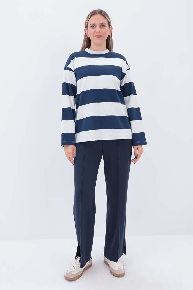 İndigo-Taş-Çizgili Sweatshirt