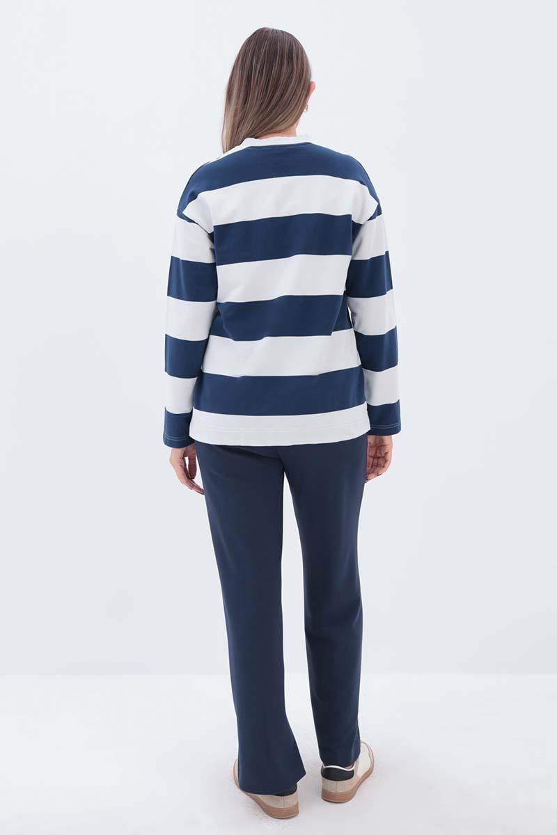 İndigo-Taş-Çizgili Sweatshirt