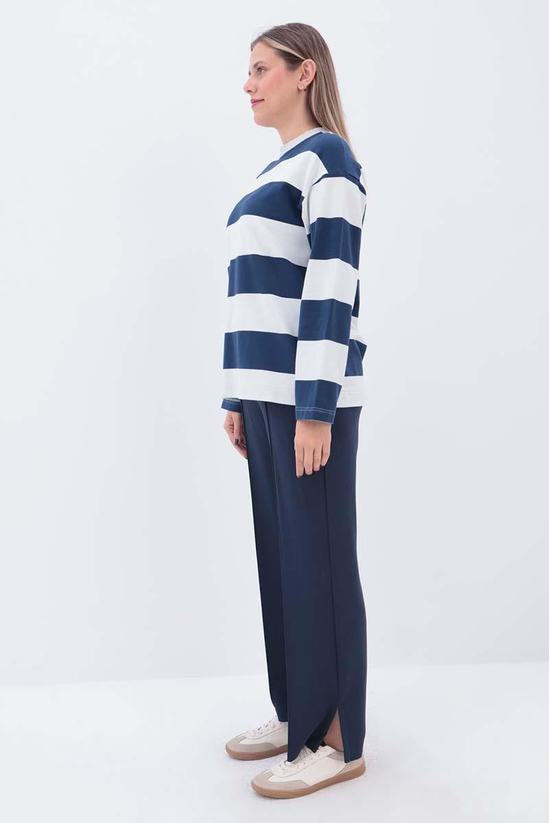 İndigo-Taş-Çizgili Sweatshirt