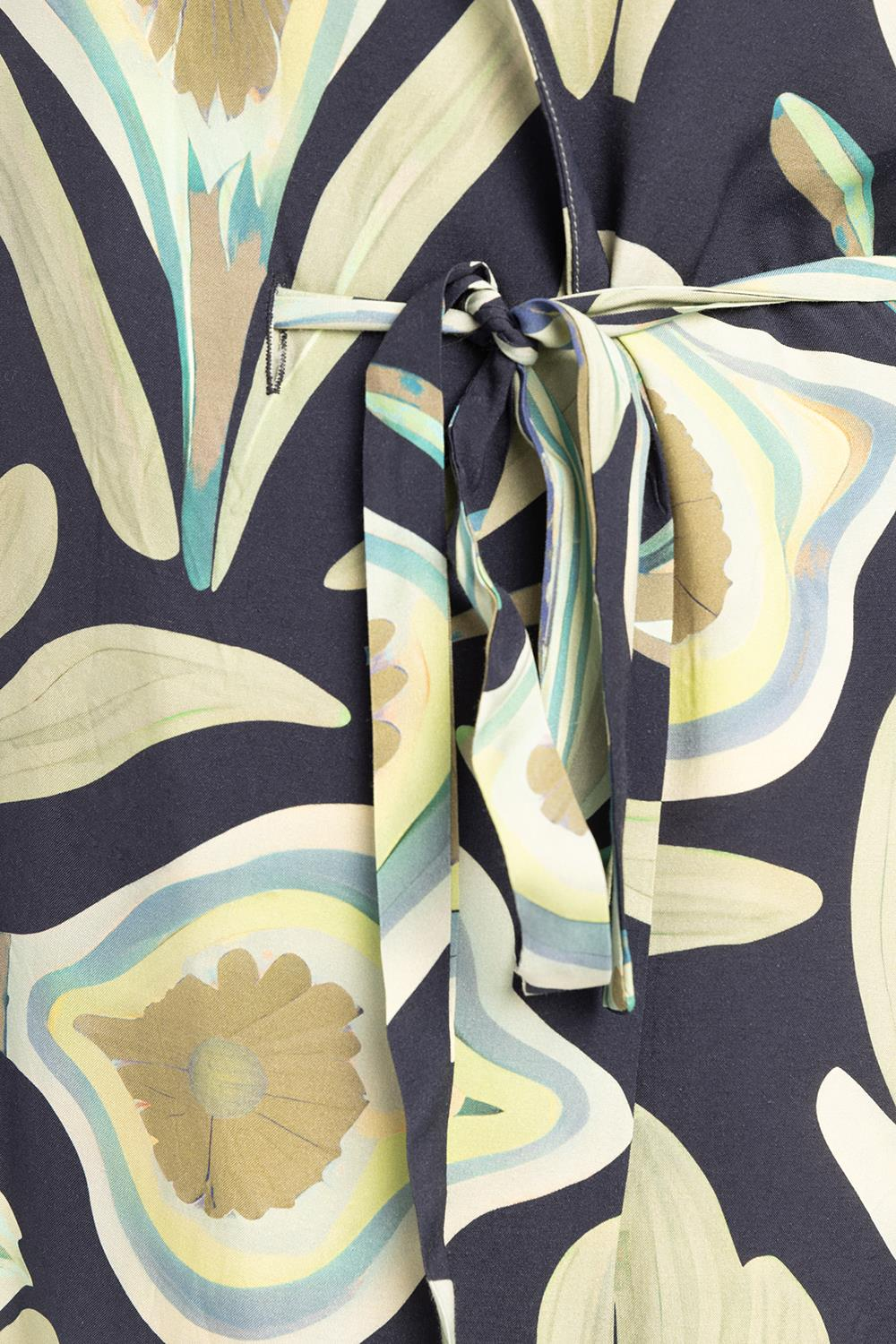 İndigo-Yeşil-Kruvaze Yaka Desenli Kuşaklı Kimono