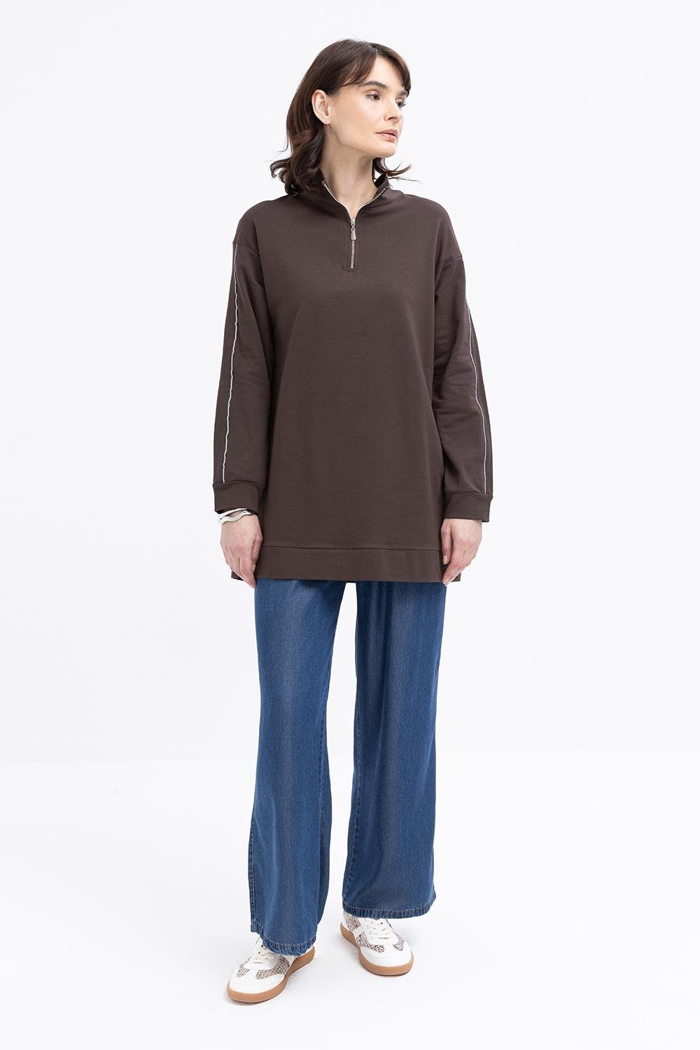 Kahve-Arabiyeli Fermuarlı Sweat Tunik