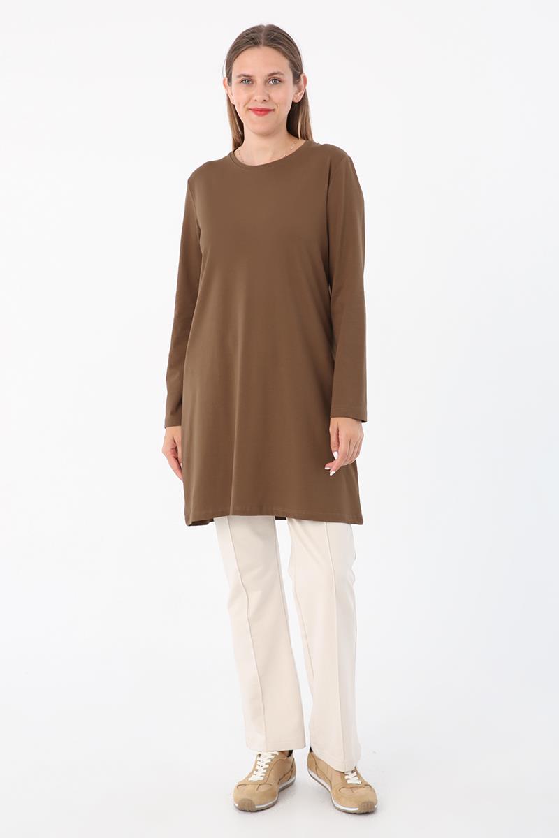 Kahve-Basic Pamuklu Süprem Sweat Tunik