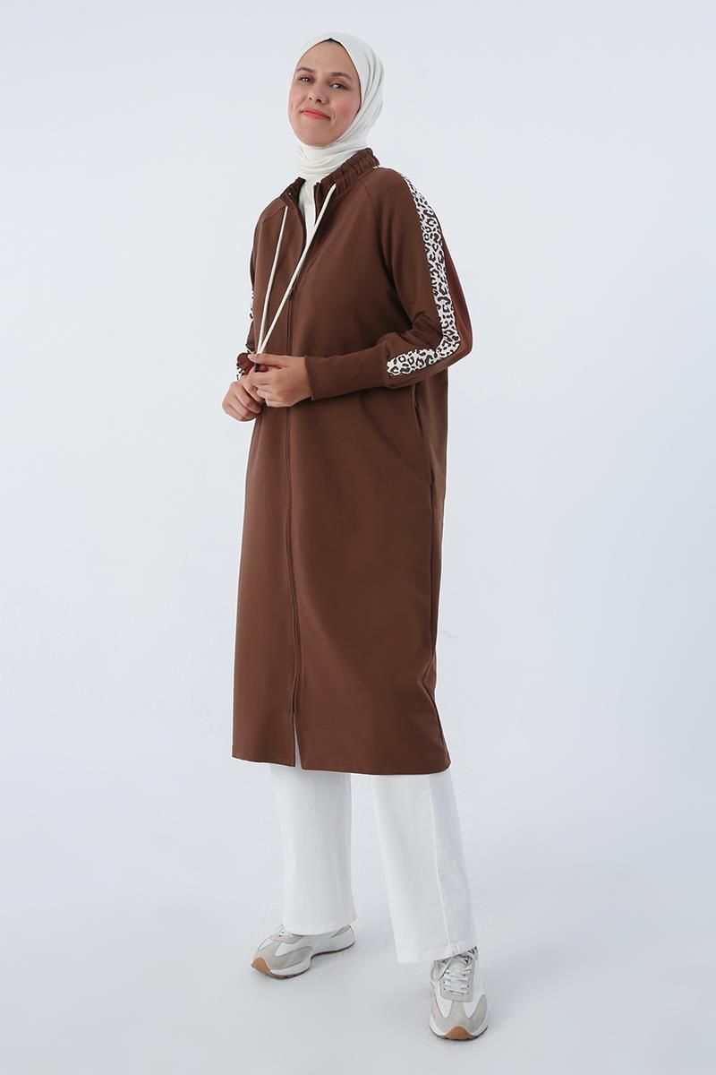 Kahve-Baskılı Garnili Yakası Lastikli Uzun Sweat Hırka