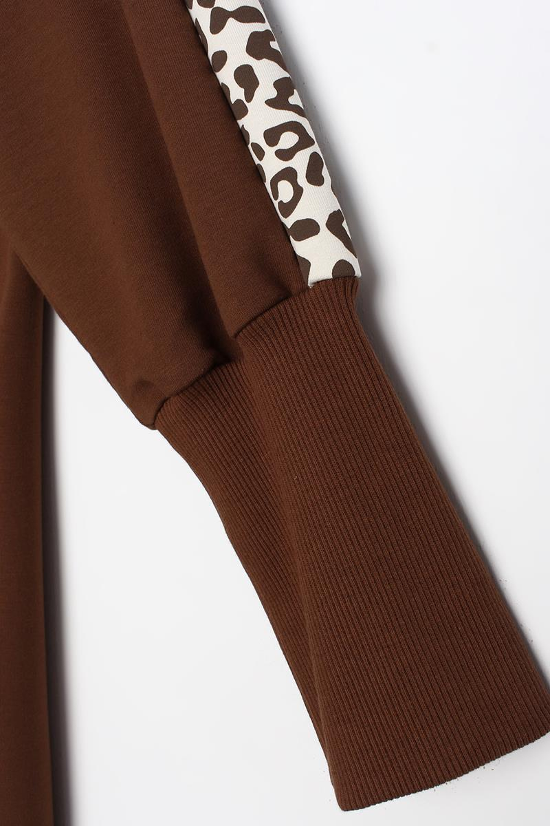 Kahve-Baskılı Garnili Yakası Lastikli Uzun Sweat Hırka