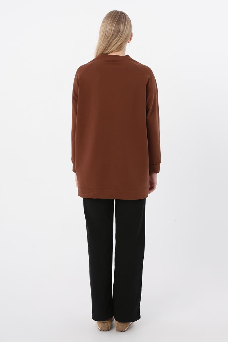 Kahve-Bisiklet Yaka Reglan Kol Sweatshirt