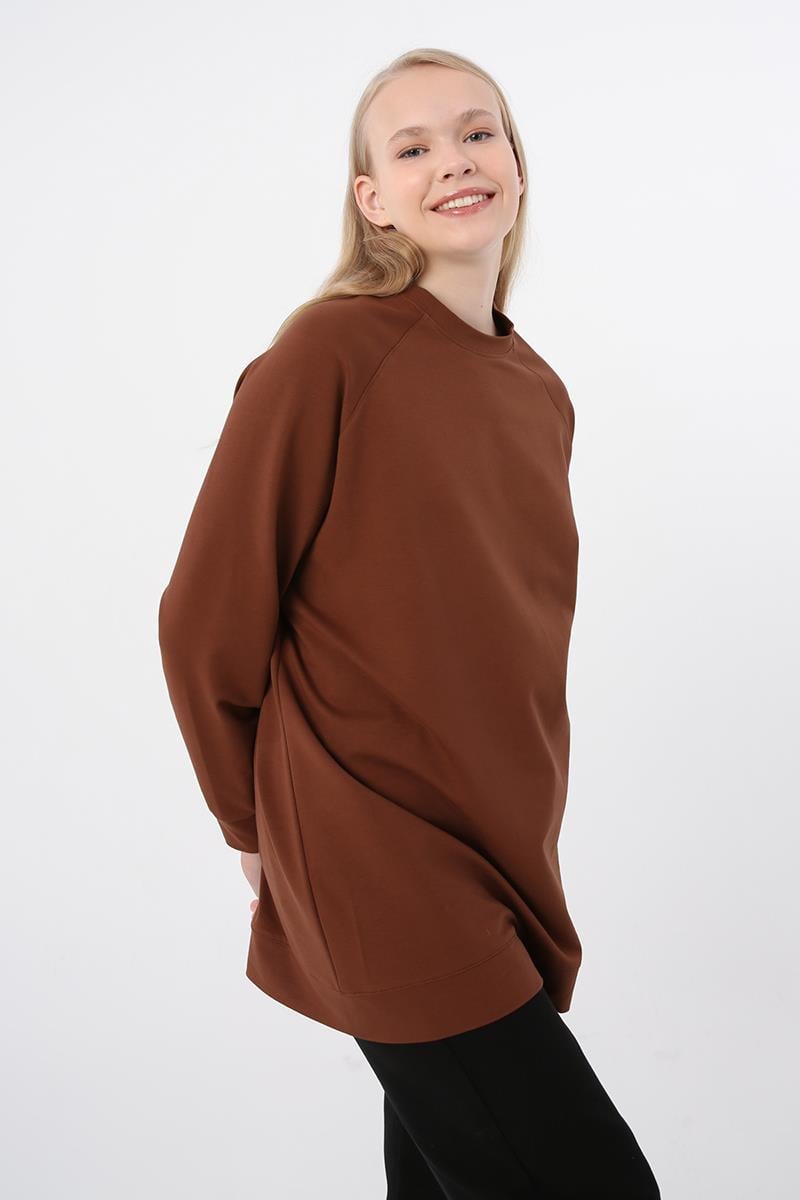Kahve-Bisiklet Yaka Reglan Kol Sweatshirt
