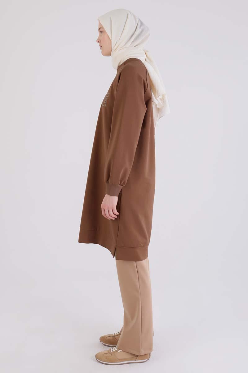Kahve-Care Nakışlı Örme Sweat Tunik