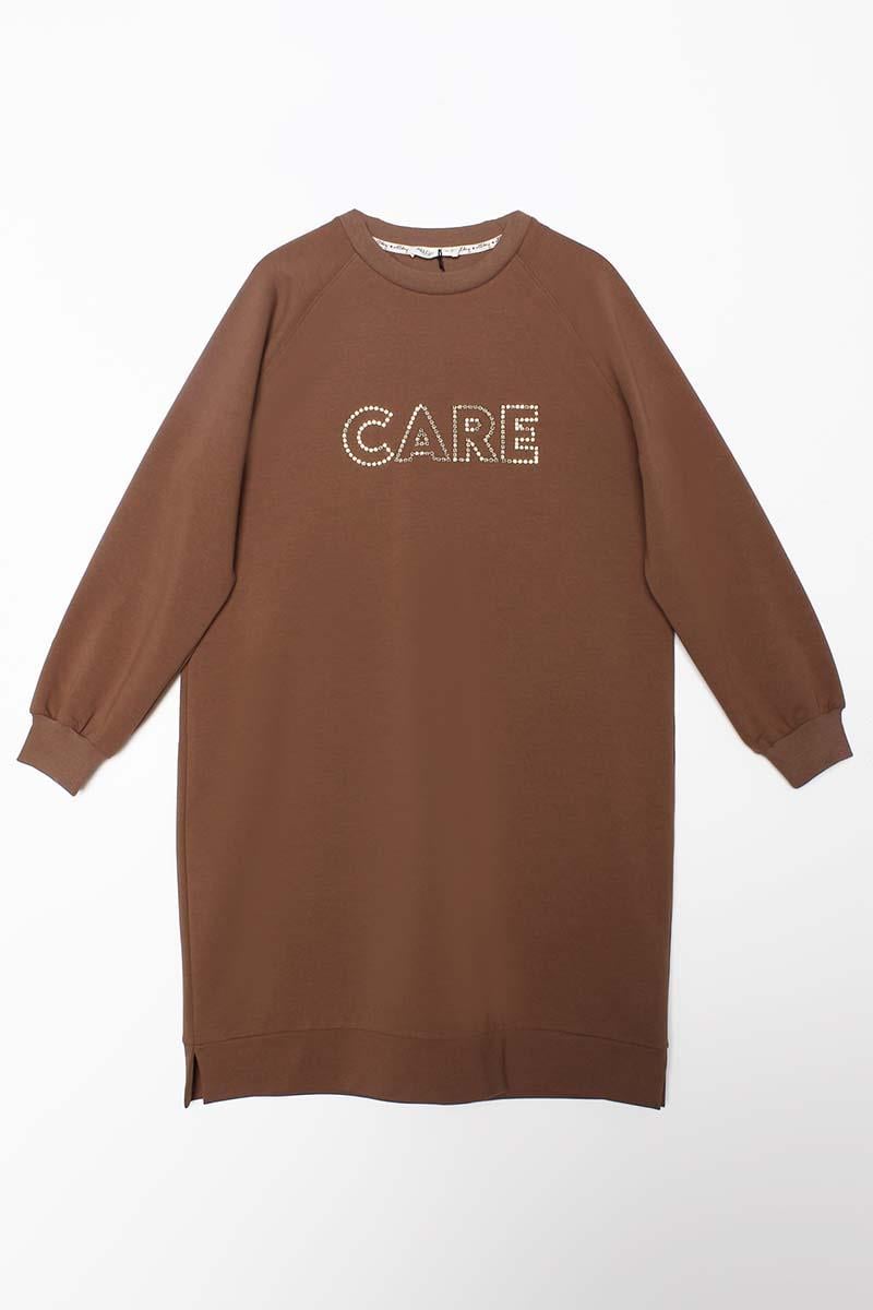 Kahve-Care Nakışlı Örme Sweat Tunik