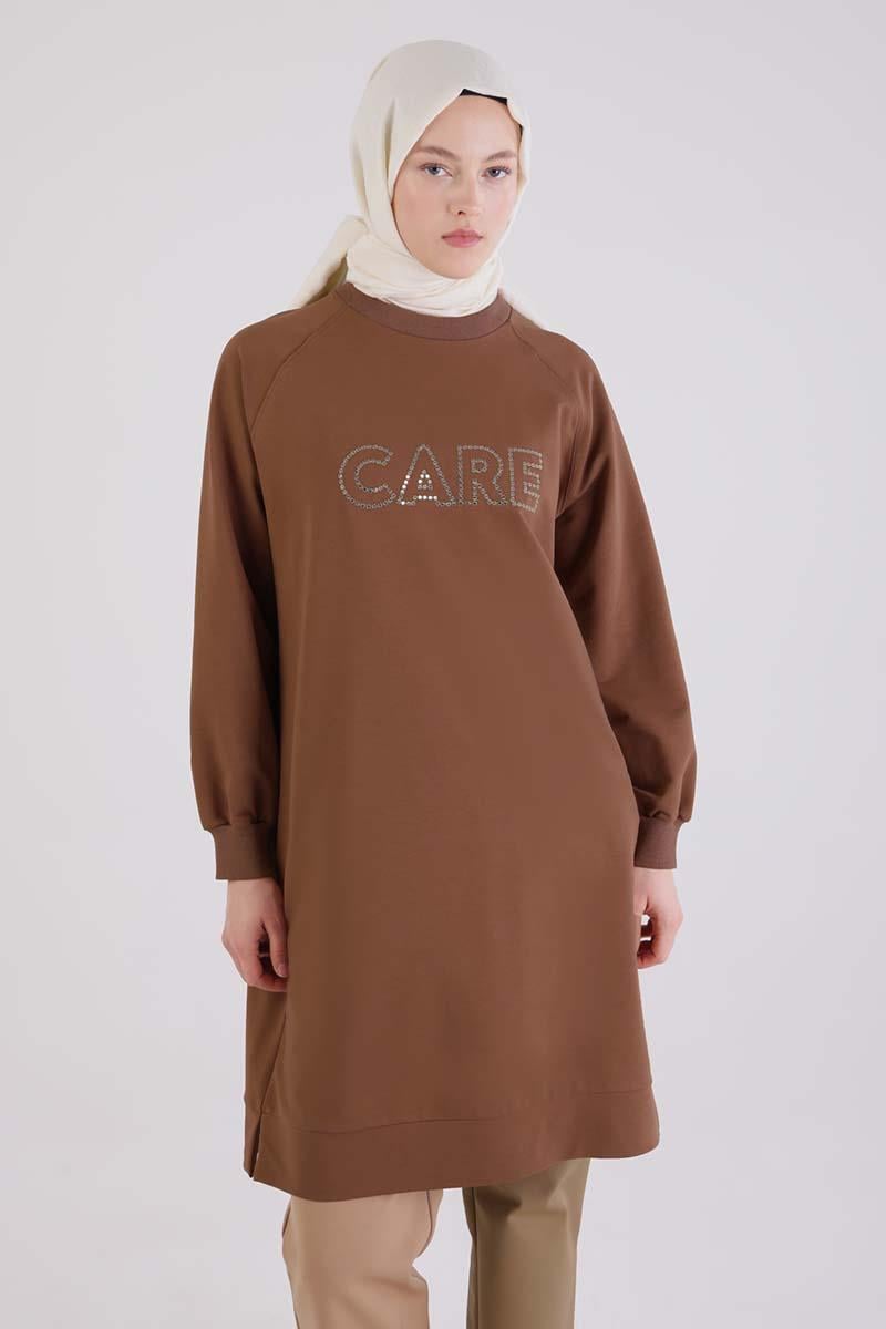 Kahve-Care Nakışlı Örme Sweat Tunik