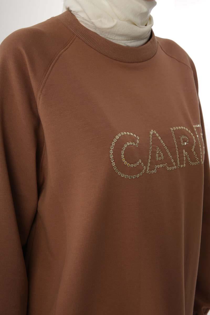 Kahve-Care Nakışlı Örme Sweat Tunik