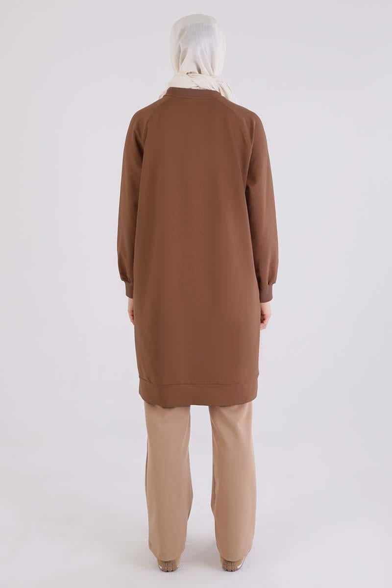 Kahve-Care Nakışlı Örme Sweat Tunik