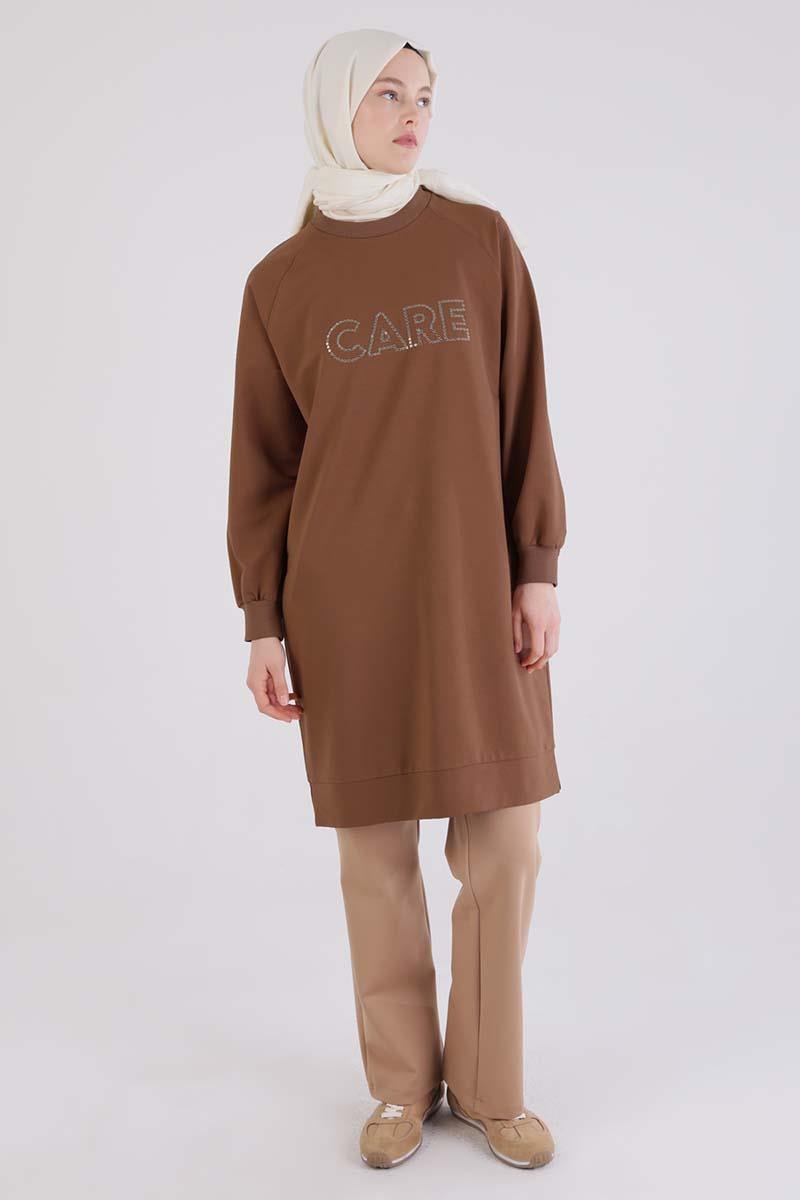 Kahve-Care Nakışlı Örme Sweat Tunik