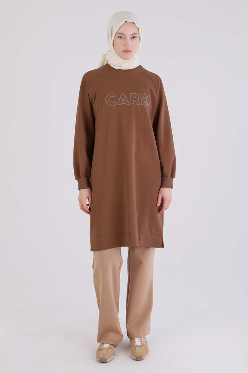 Kahve-Care Nakışlı Örme Sweat Tunik