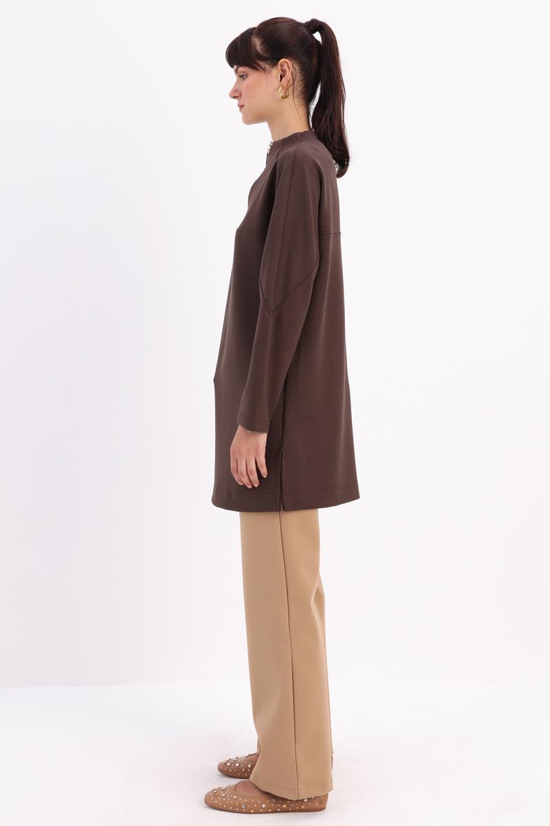 Kahve-Dik Yakalı Robalı Tunik