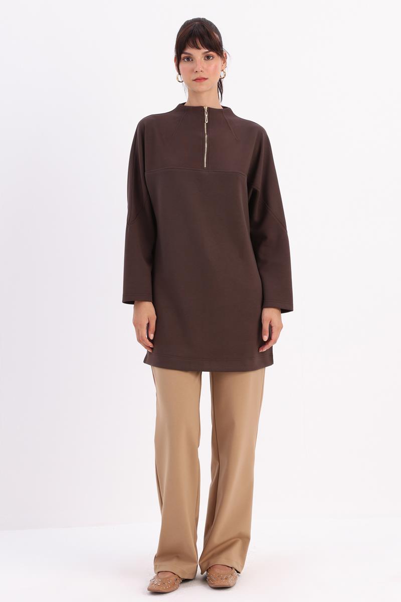 Kahve-Dik Yakalı Robalı Tunik