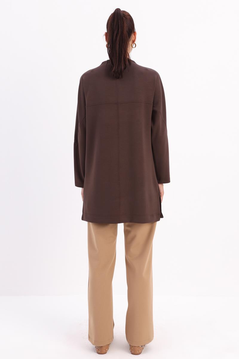 Kahve-Dik Yakalı Robalı Tunik