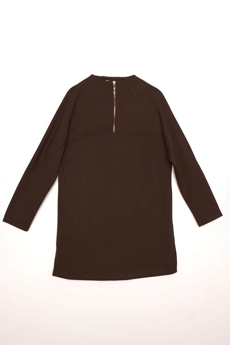 Kahve-Dik Yakalı Robalı Tunik