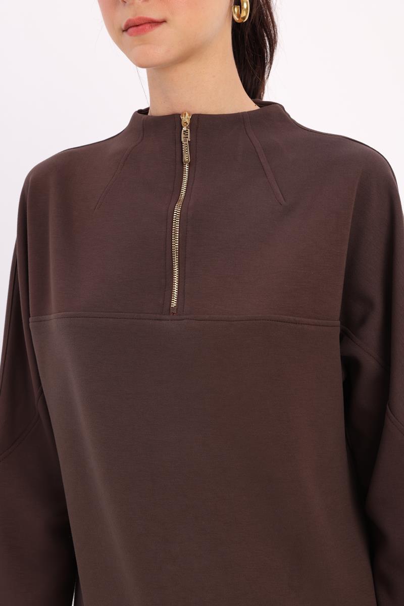 Kahve-Dik Yakalı Robalı Tunik