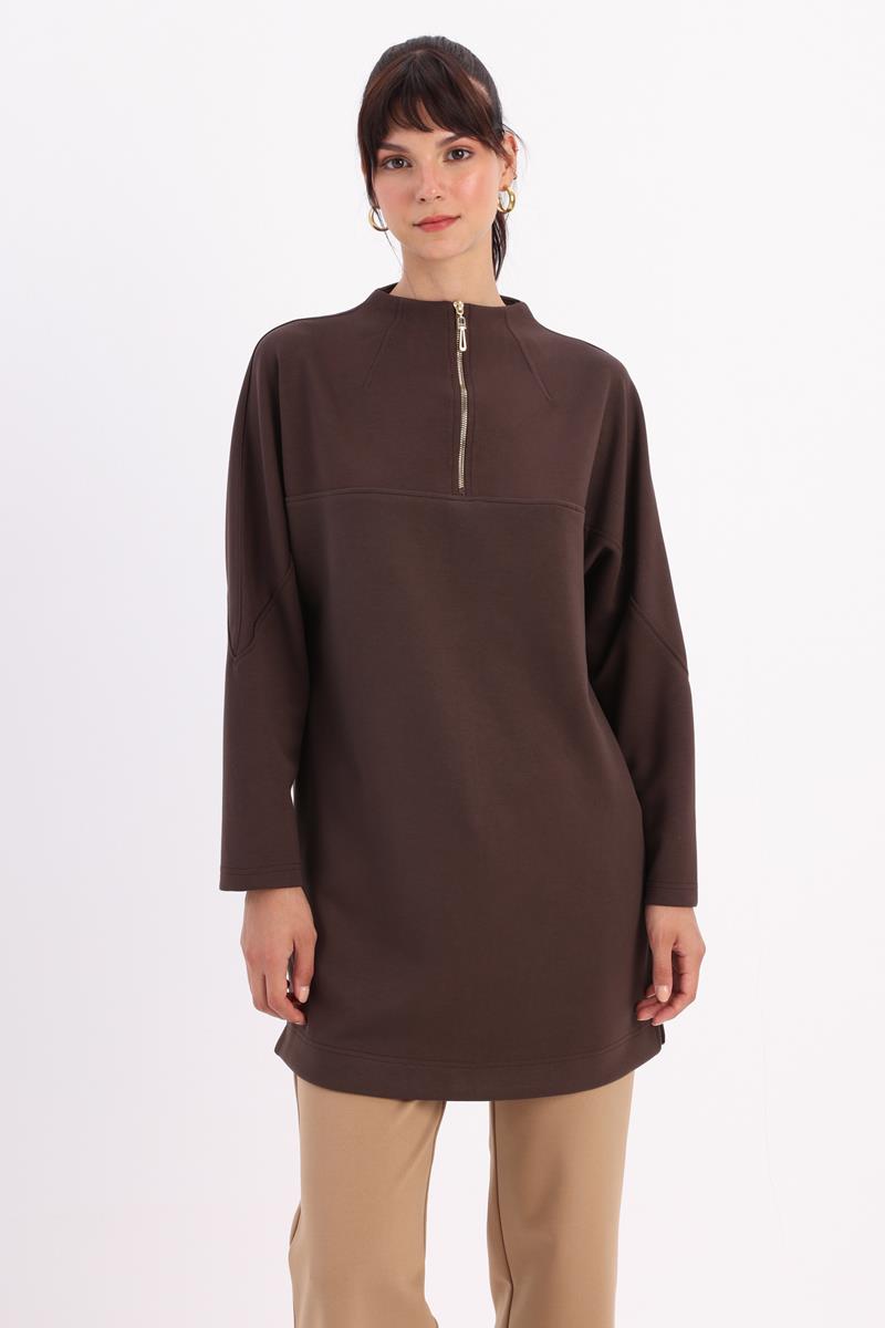 Kahve-Dik Yakalı Robalı Tunik