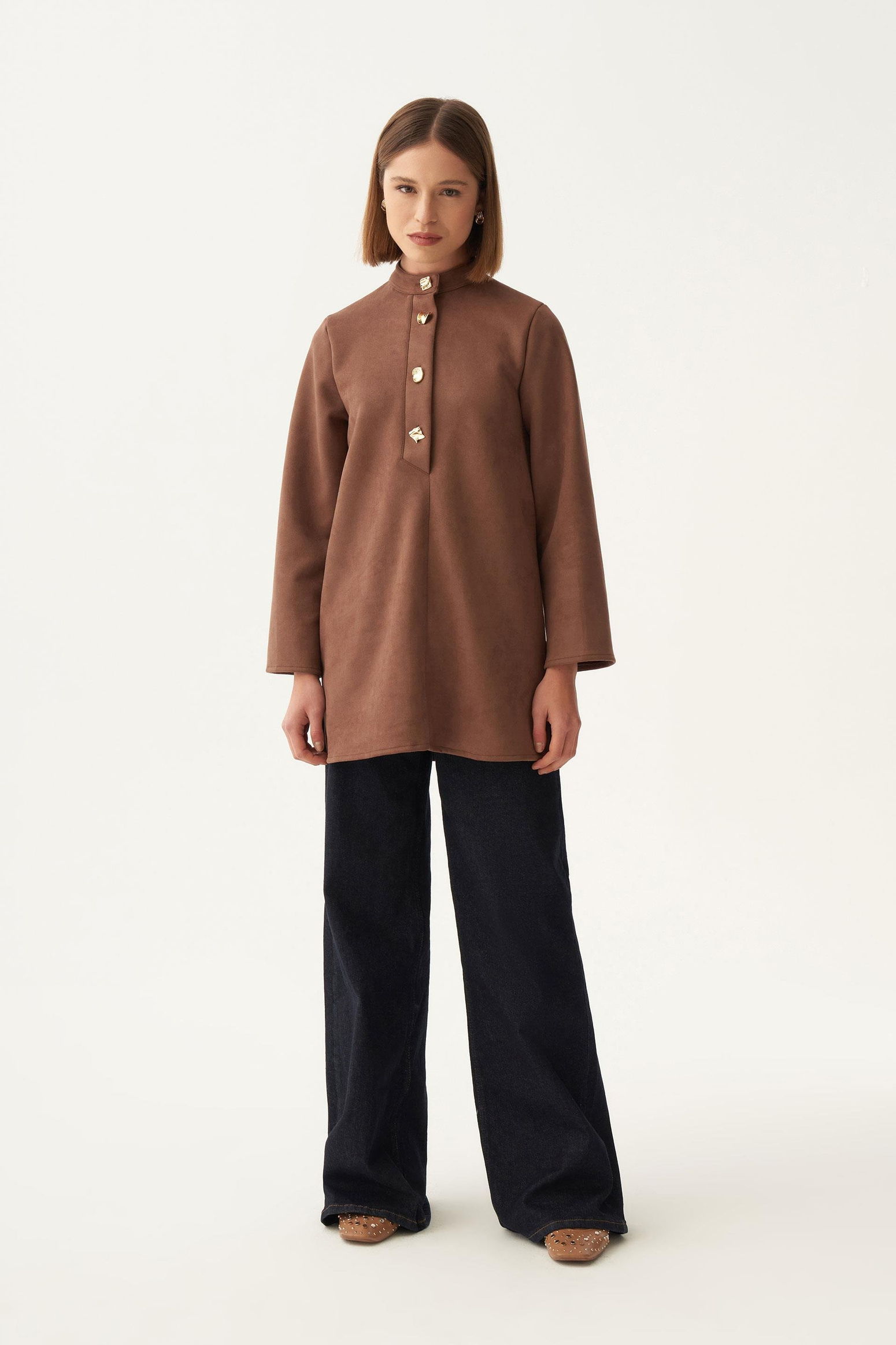 Kahve-Gold Düğmeli Süet Tunik