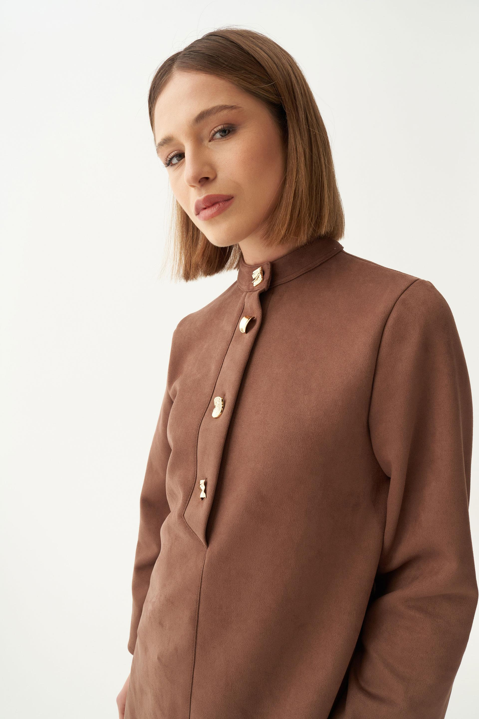 Kahve-Gold Düğmeli Süet Tunik