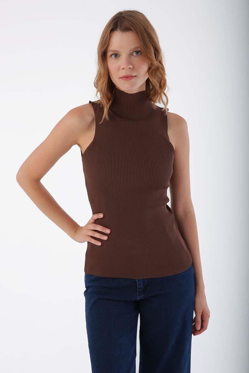 Brown-Fine Knitwear Sleeveless Blouse