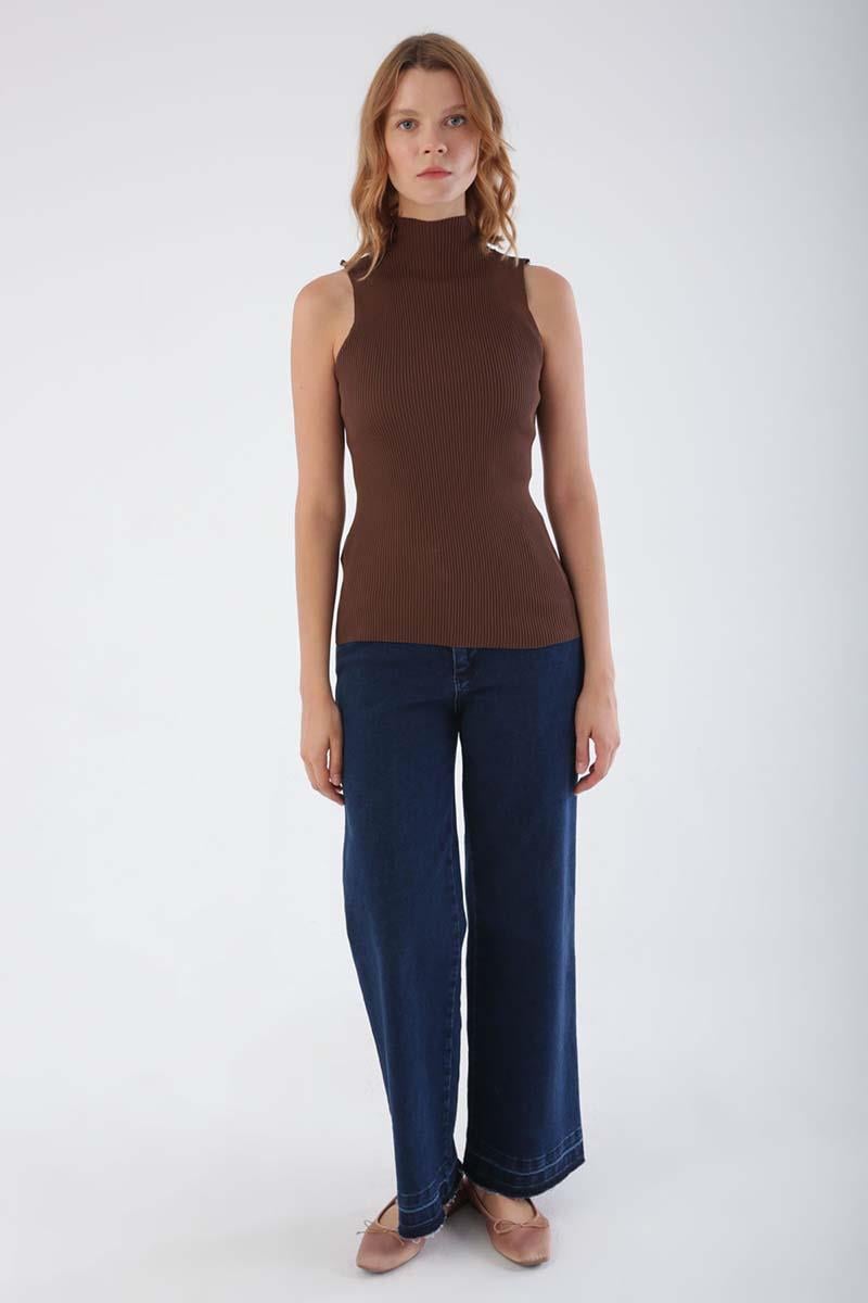 Brown-Fine Knitwear Sleeveless Blouse