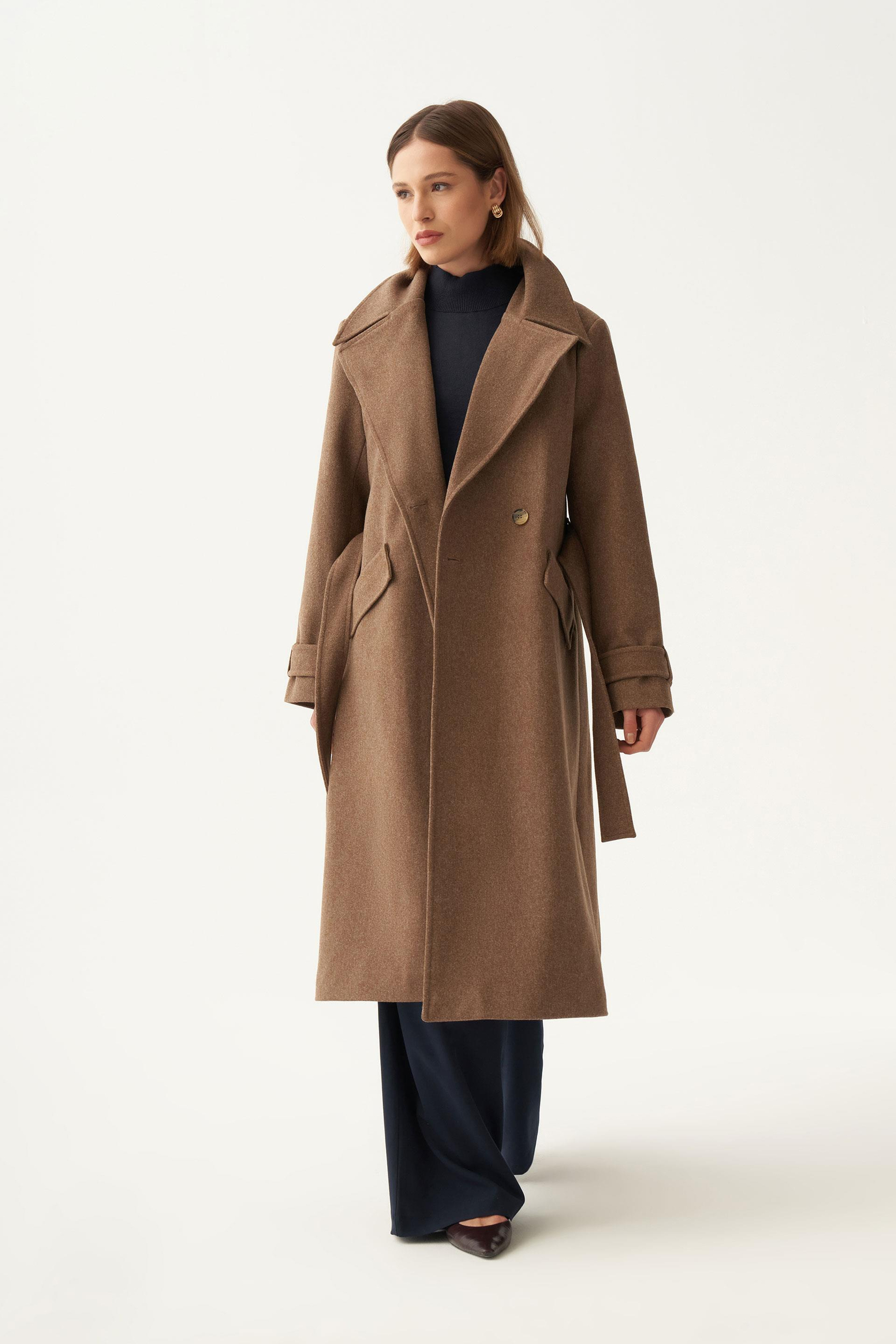 Kahve-Kruvaze Düğmeli Uzun Kaban