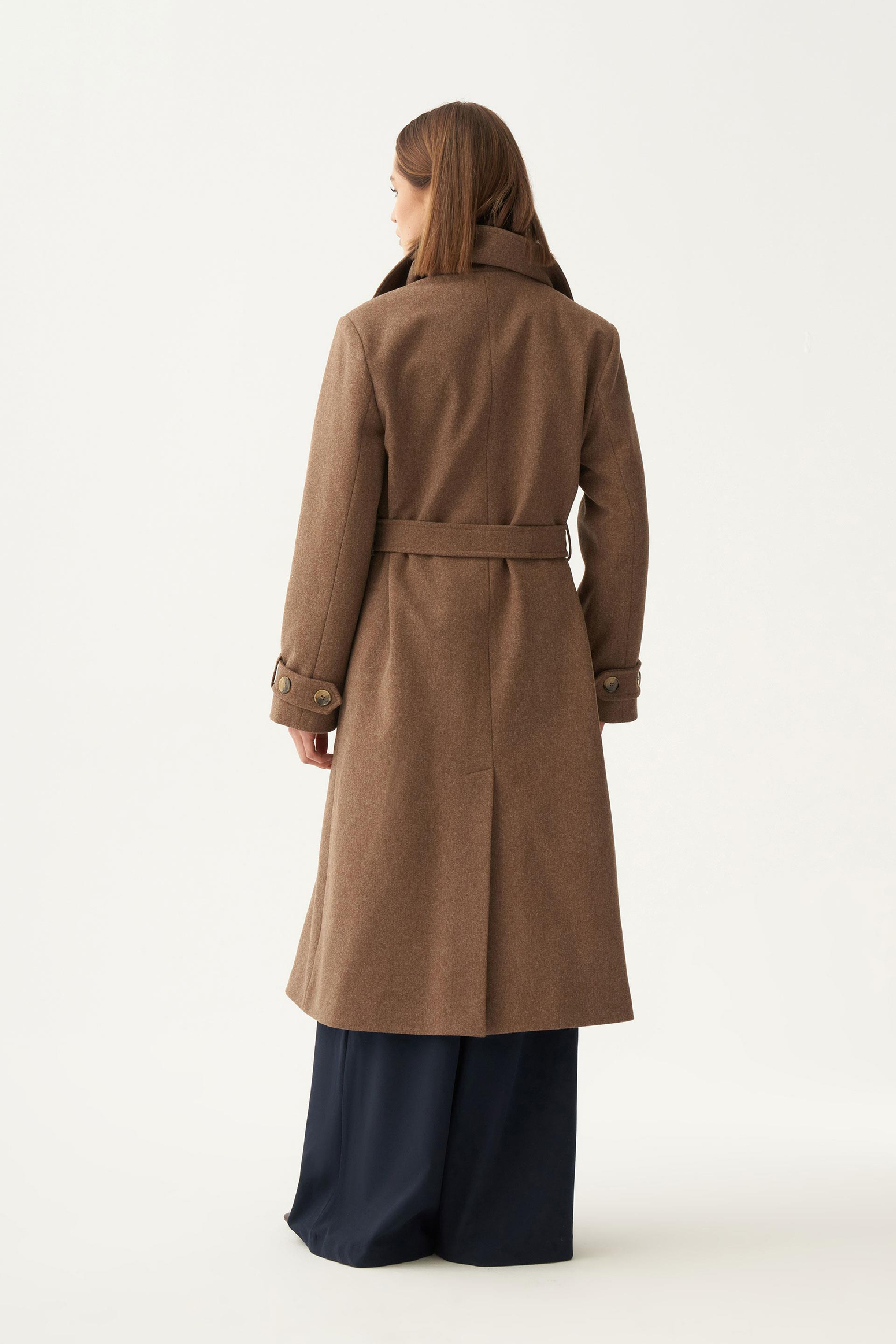 Kahve-Kruvaze Düğmeli Uzun Kaban