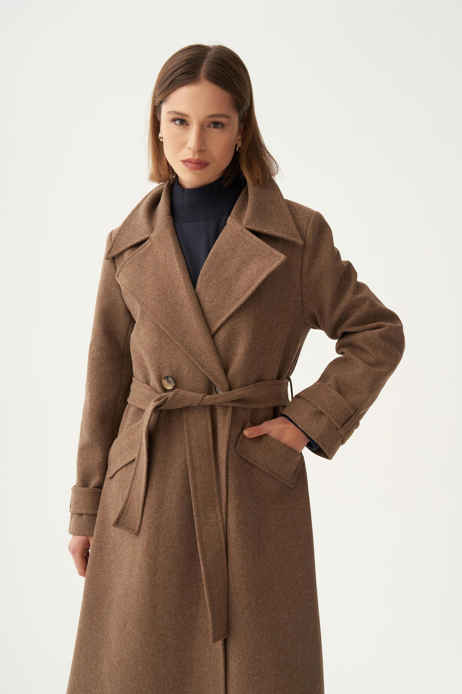 Kahve-Kruvaze Düğmeli Uzun Kaban