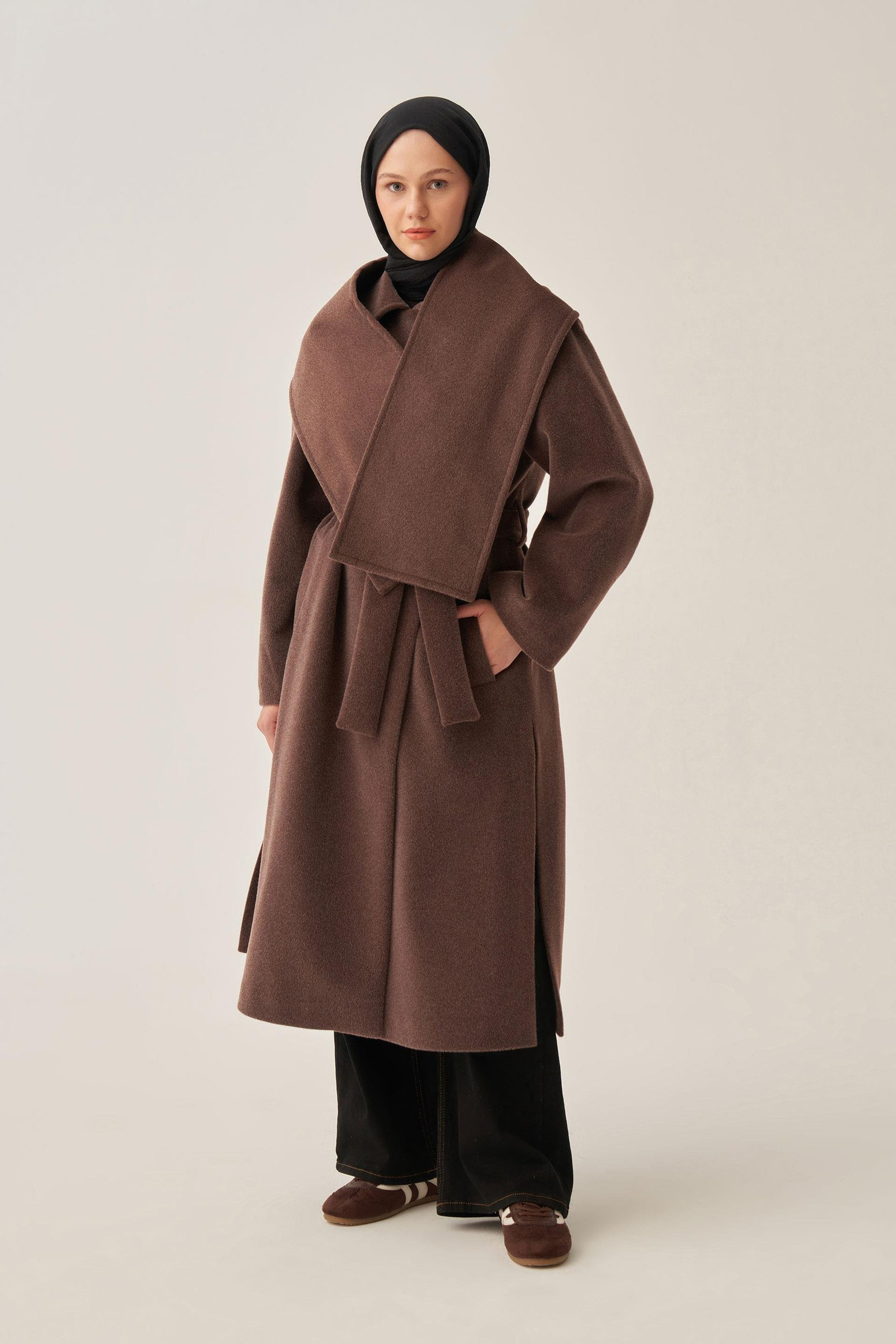 Kahve Melanj-Atkılı Uzun Kaşe Kaban