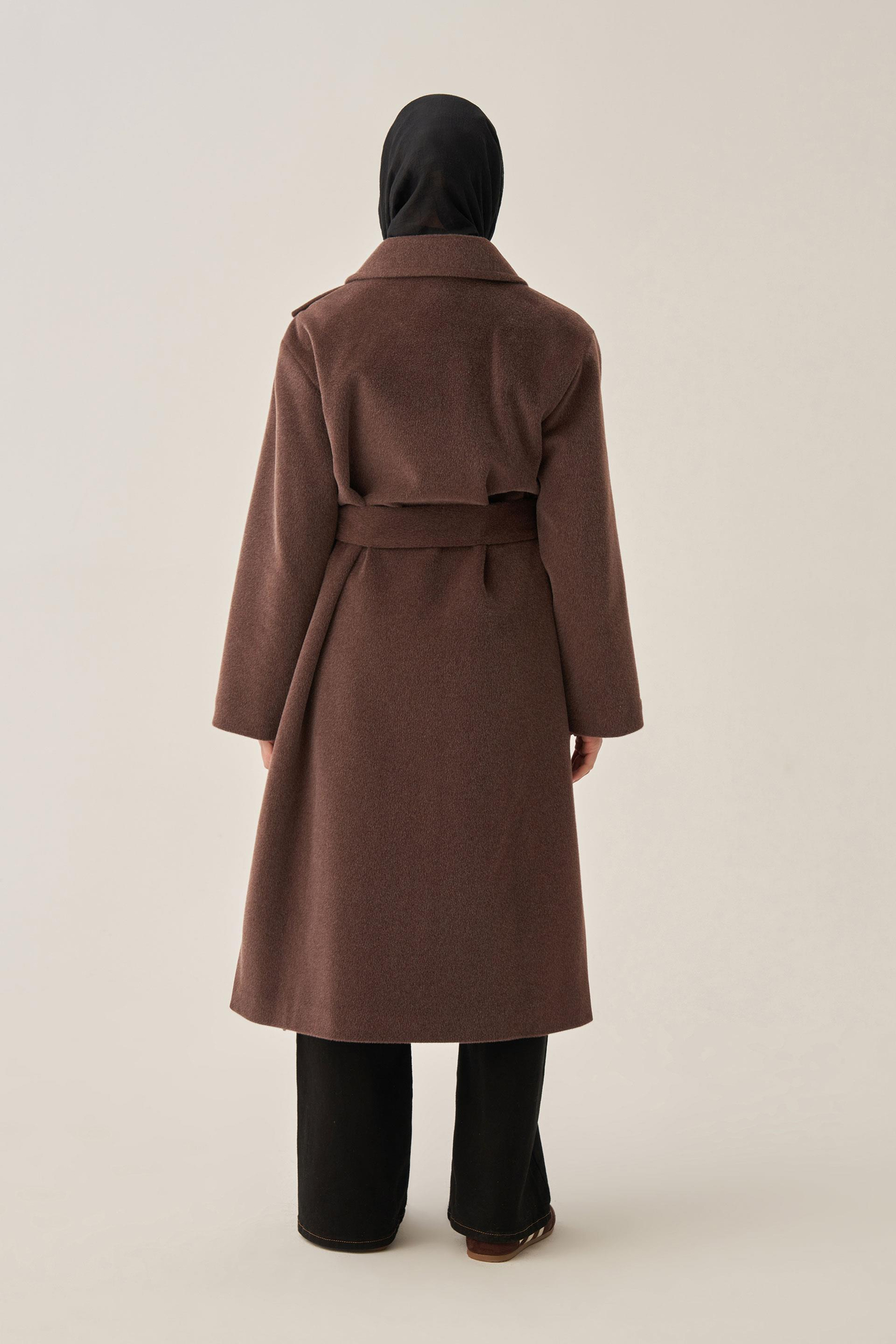 Kahve Melanj-Atkılı Uzun Kaşe Kaban