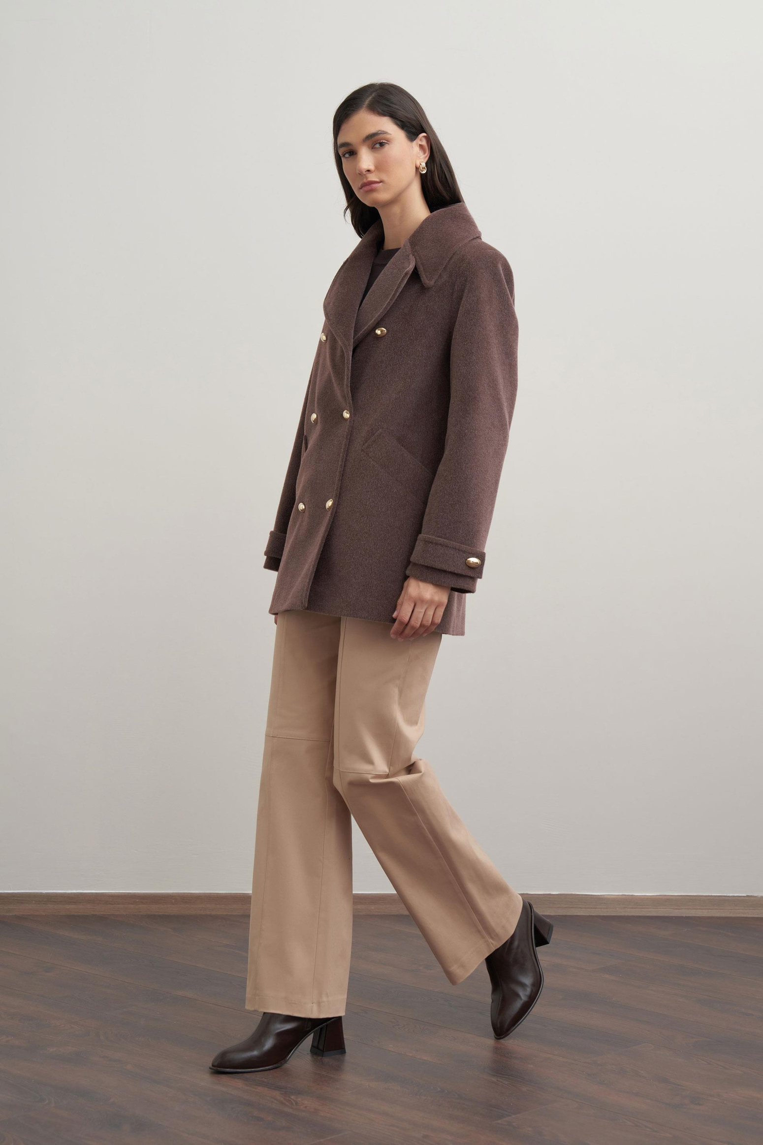 Kahve Melanj-Gold Dügmeli Kaşe Kaban