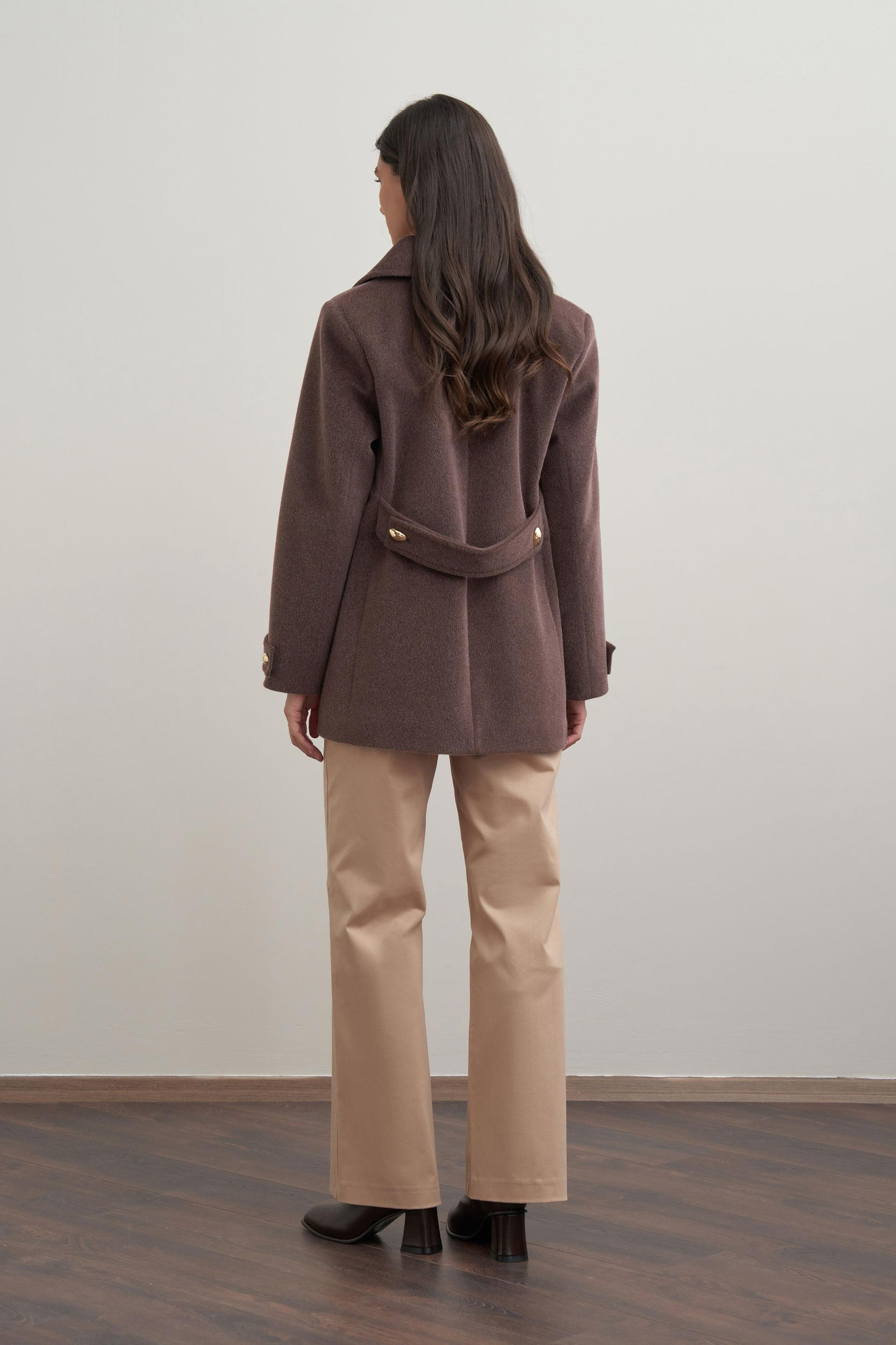 Kahve Melanj-Gold Dügmeli Kaşe Kaban