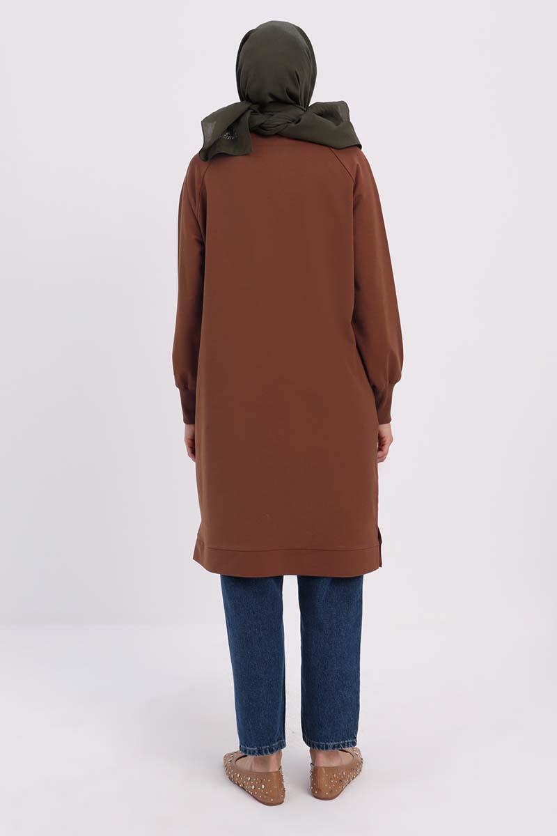 Kahve-NAKIŞLI PİLİKAŞELİ SWEAT TUNİK