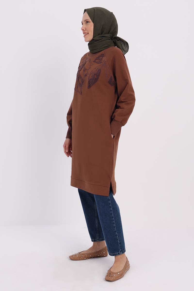 Kahve-NAKIŞLI PİLİKAŞELİ SWEAT TUNİK