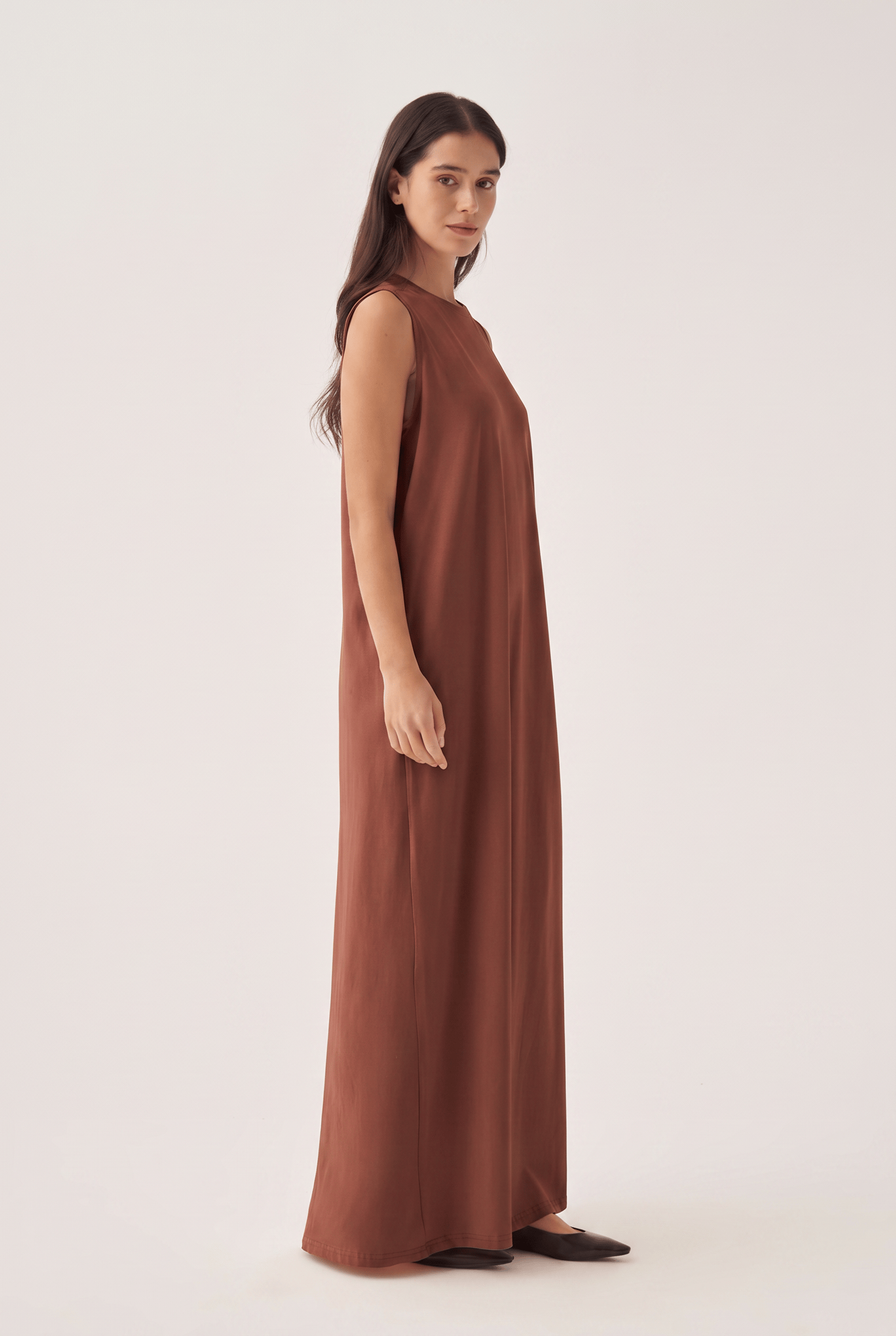 Brown-Cotton Crew Neck Sleeveless Underwear Dress