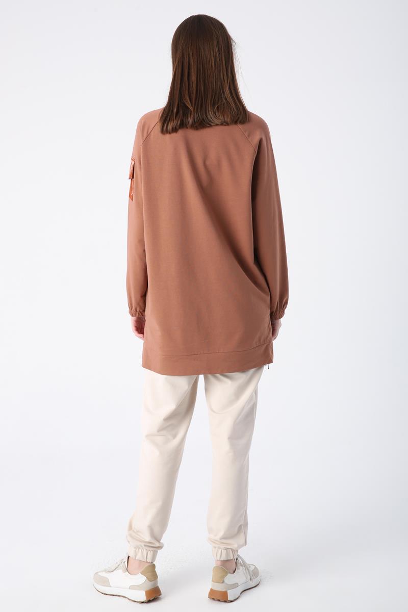 Kahve-Pamuklu Garnili Cep Detaylı Yırtmaçlı Sweat Tunik