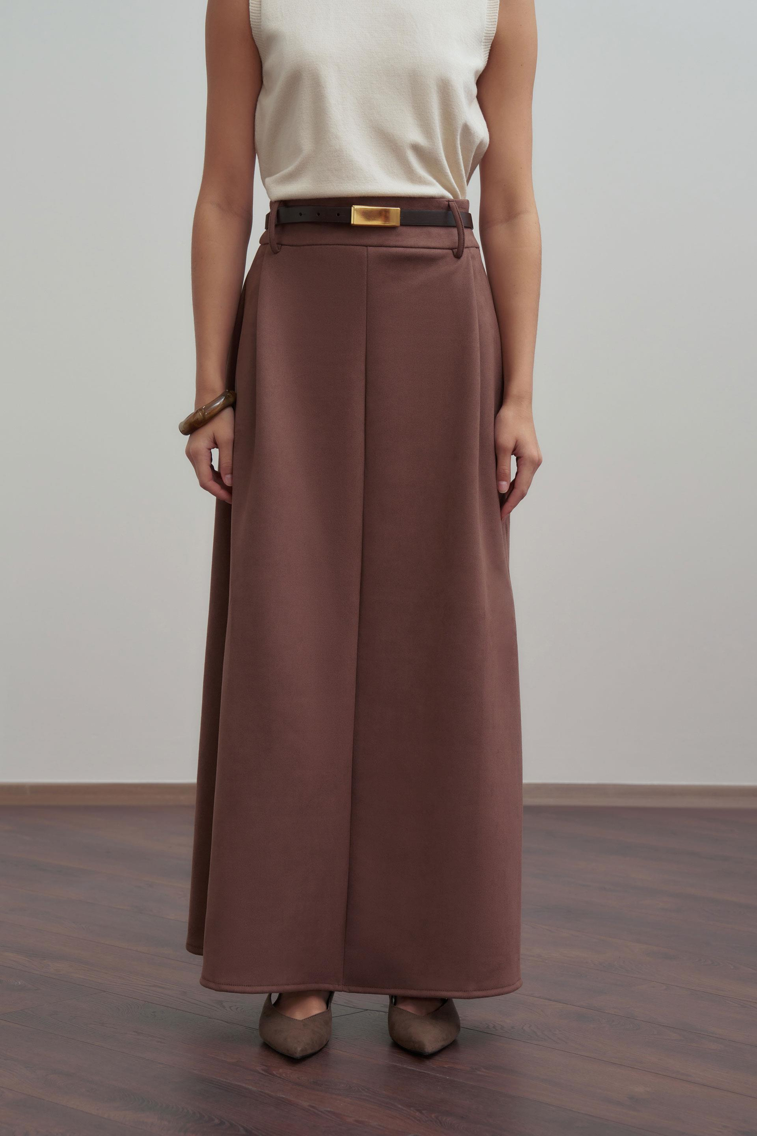 Kahve-Pili Detaylı Scuba Süet Etek