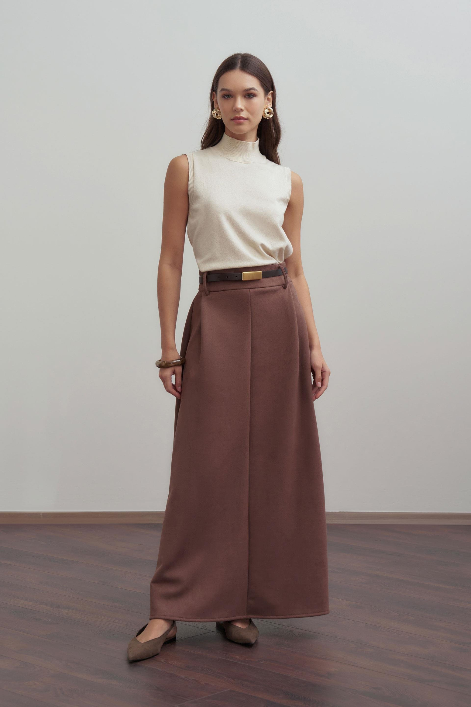 Kahve-Pili Detaylı Scuba Süet Etek