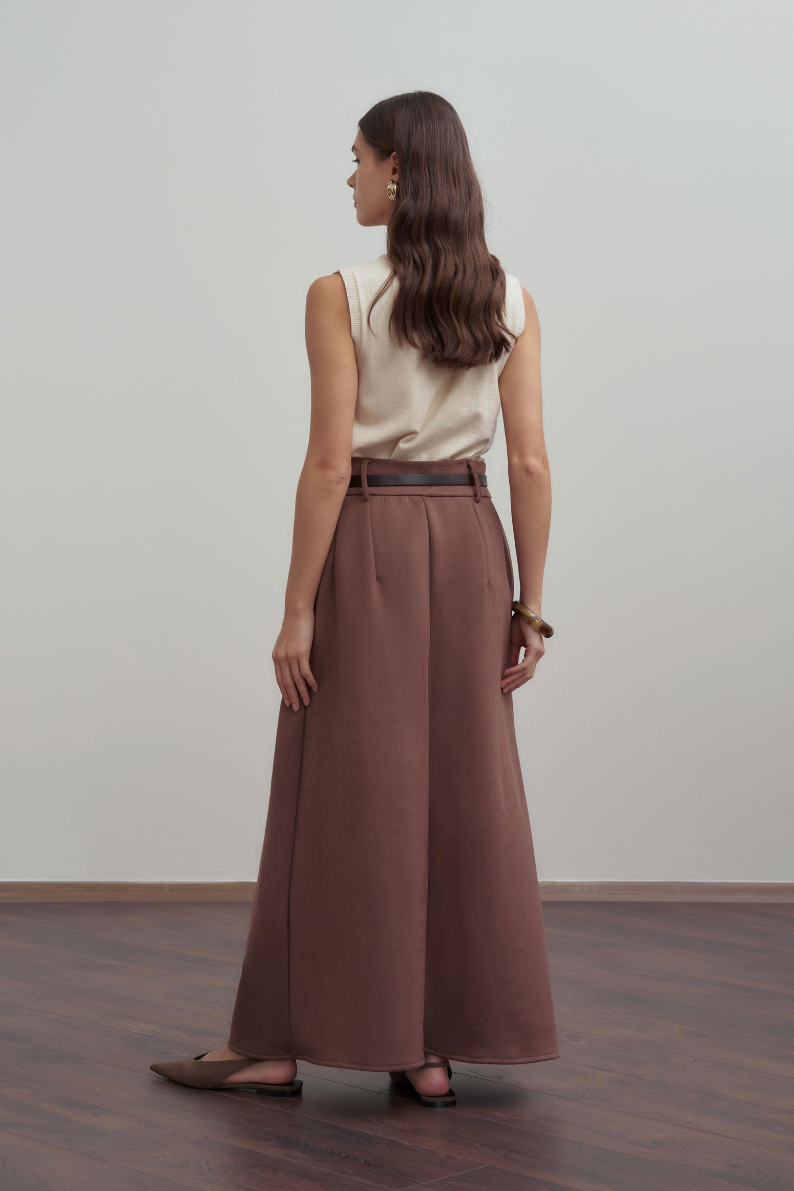 Kahve-Pili Detaylı Scuba Süet Etek